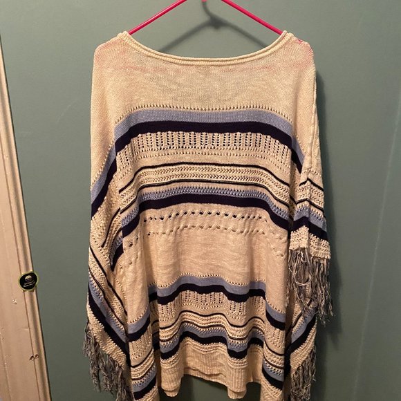 White & Multicolored Blue Poncho - Picture 2 of 3